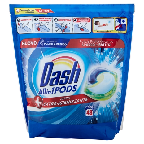 Dash PODS Allin1 Detersivo Lavatrice Capsule Bucato + Azione Extra-Igienizzante 48 Lavaggi 1305,6 g